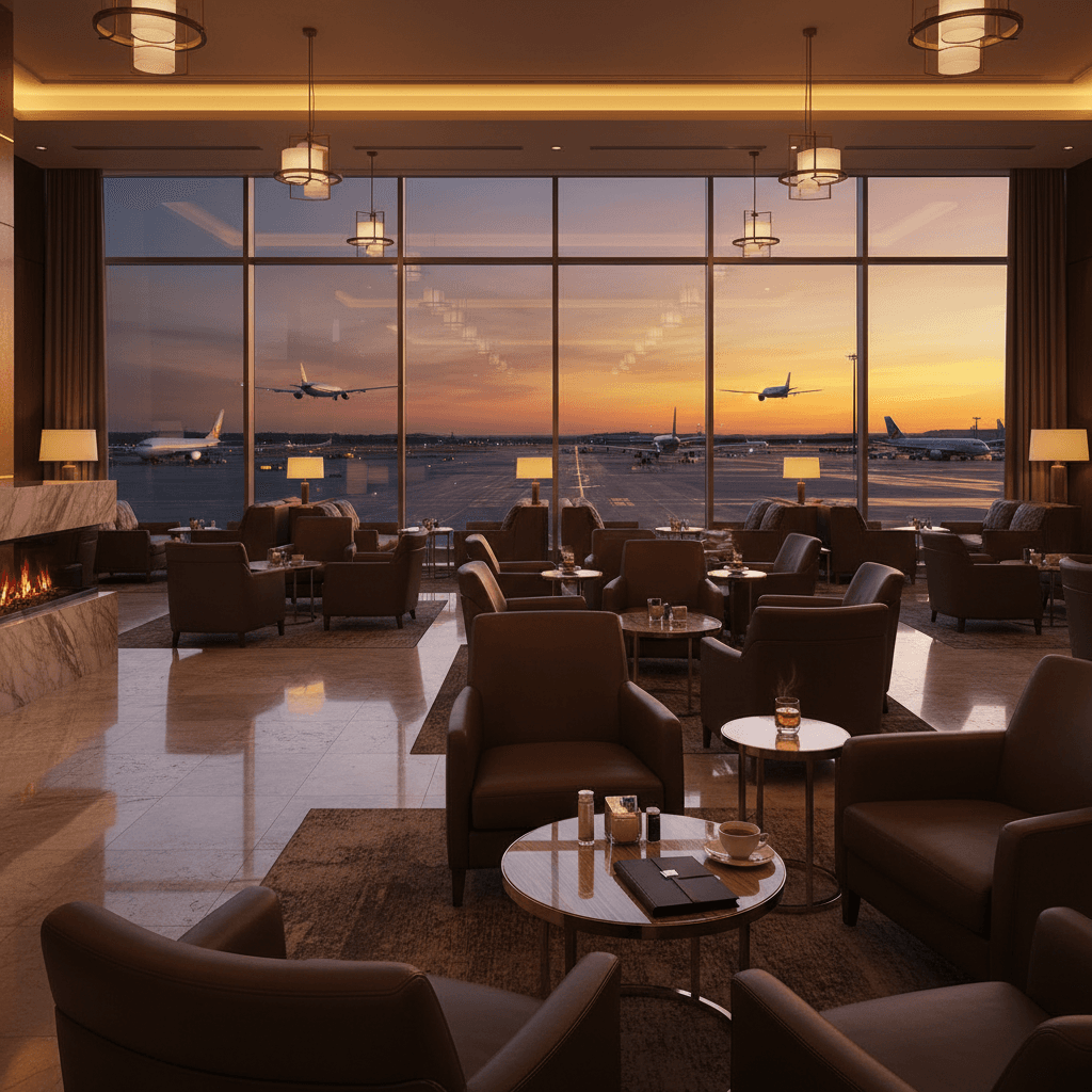 夕暮れの滑走路が見える静かな高級空港ラウンジ