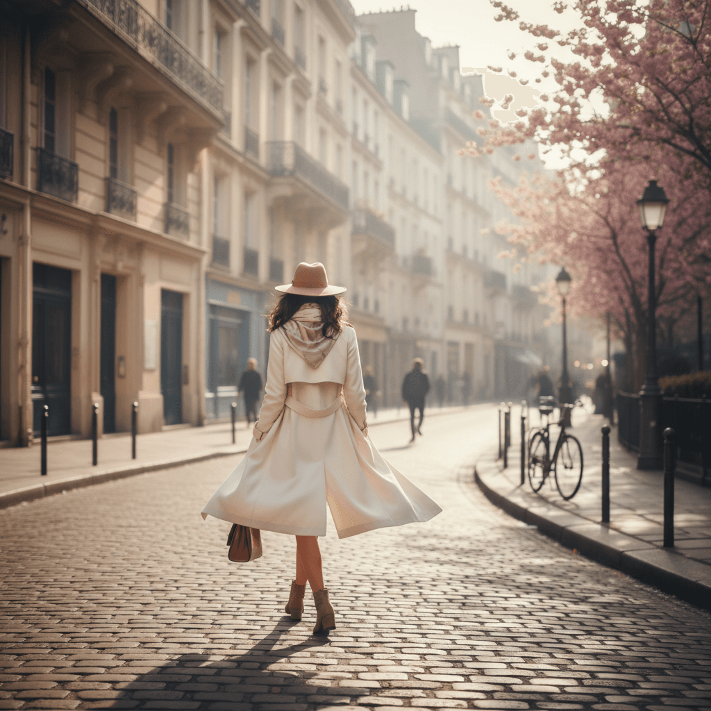 パリの美しい街並みを歩く女性の後ろ姿。夢の実現を予感させる光景