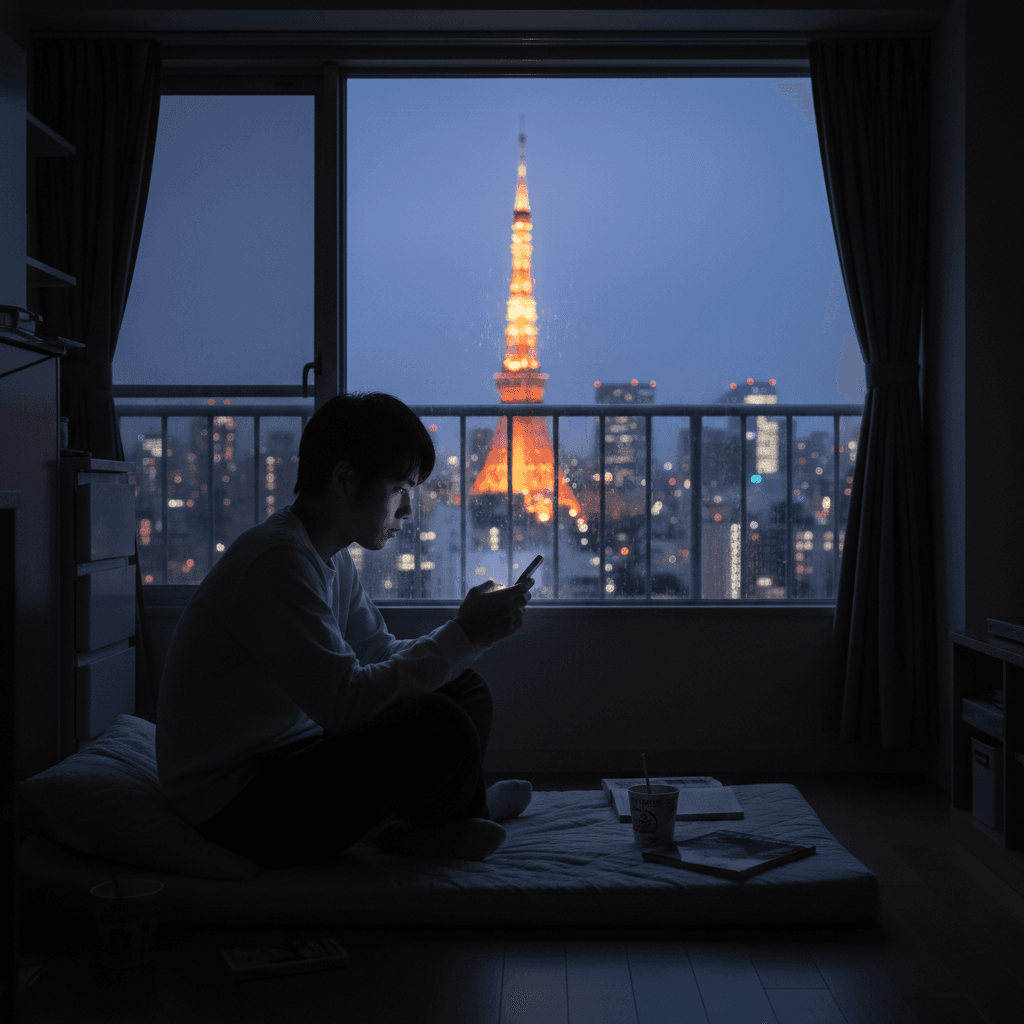 一人暮らしの部屋で航空券の価格に悩む大学生のシルエット