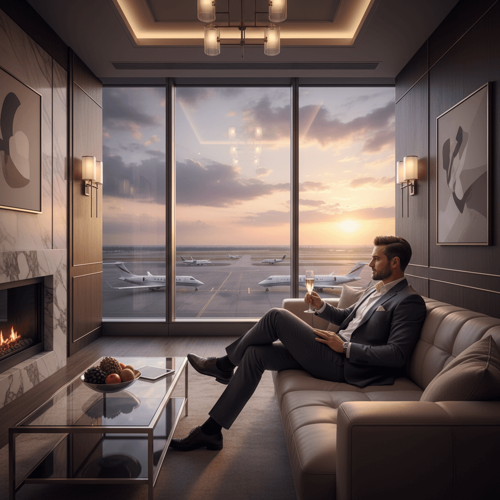 空港のプライオリティパスラウンジでリラックスするビジネスパーソン