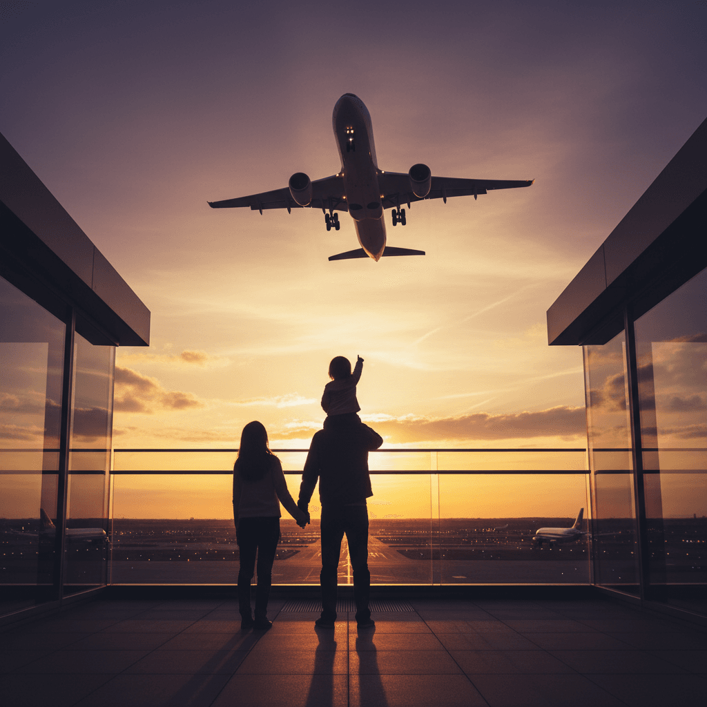 夕暮れ時の空港の展望デッキで、飛び立つ大きな飛行機を指差しながら眺める家族3人のシルエット。感動的でシネマティックな雰囲気。