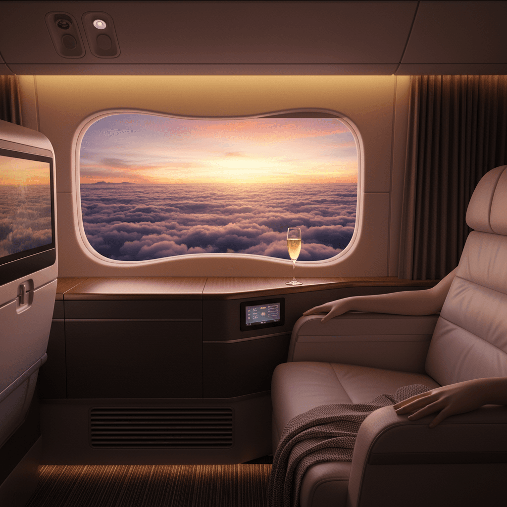 豪華なビジネスクラスのシートで、窓の外を眺める女性。手元にはシャンパングラス