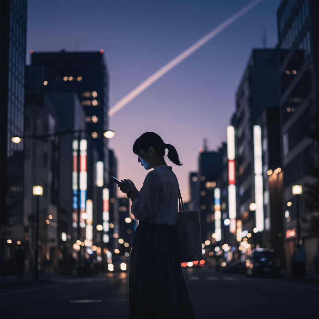 バイト帰りの夜道、スマホで航空券を眺める学生の後ろ姿