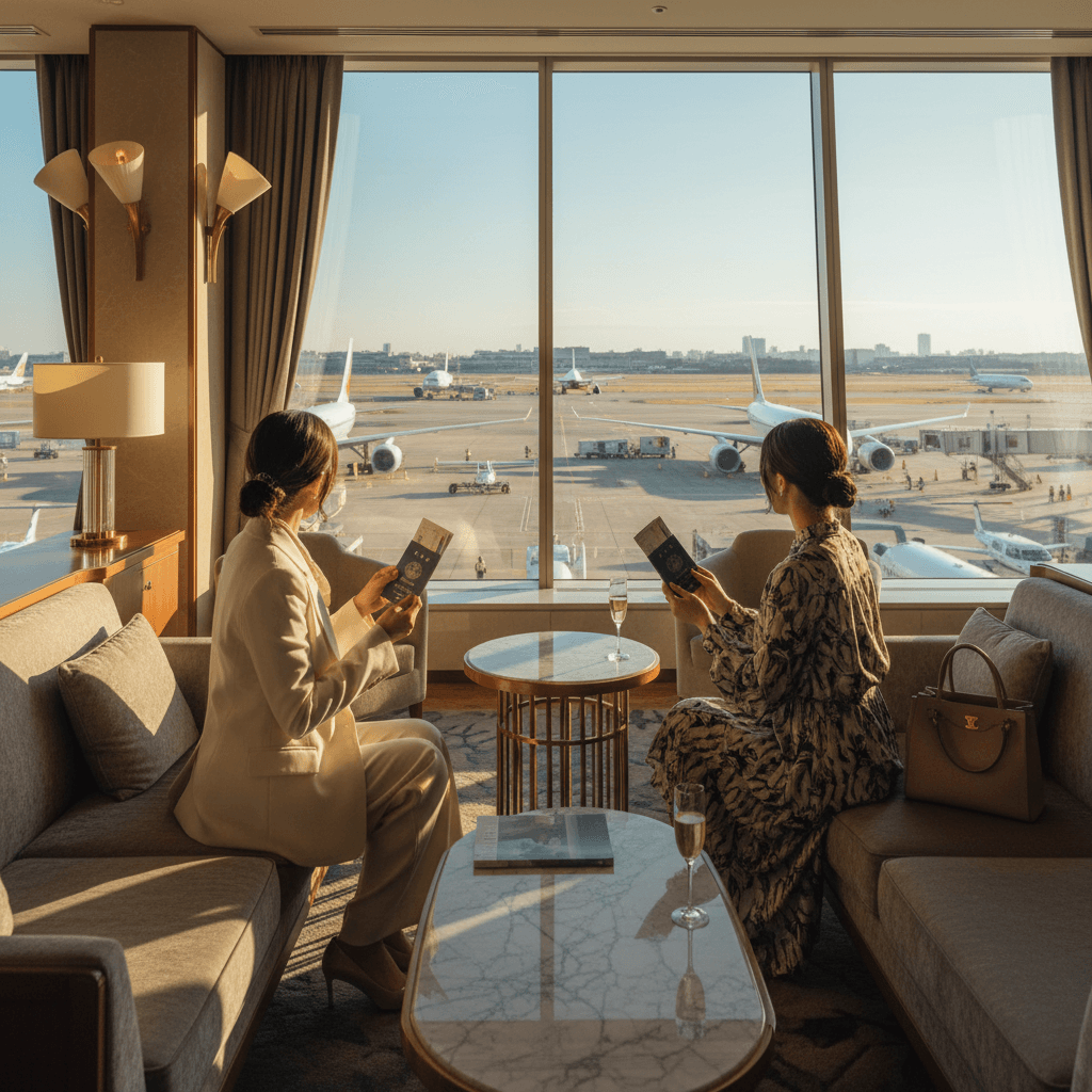 高級感のある空港ラウンジで、親友とパスポートを持って微笑む後ろ姿