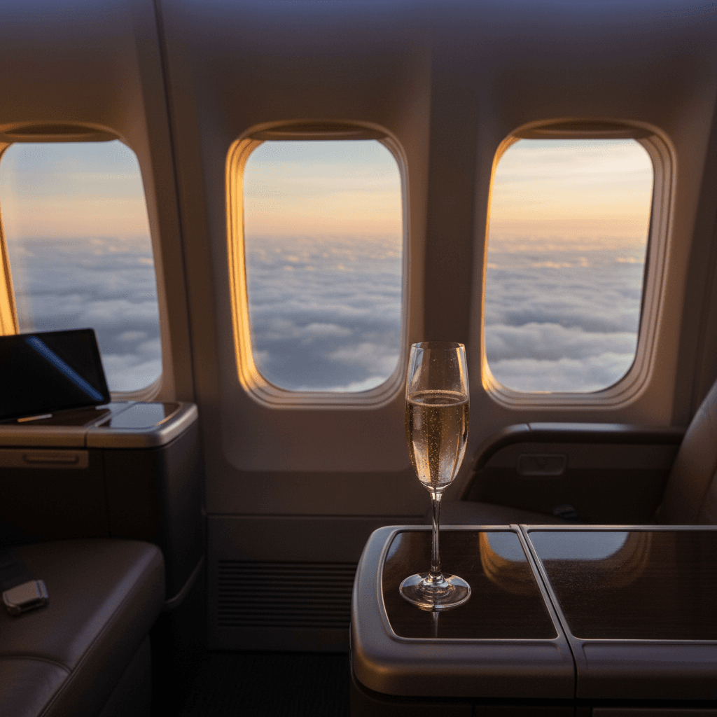 窓の外に広がる雲海を、ビジネスクラスの広い窓から眺めるシーン