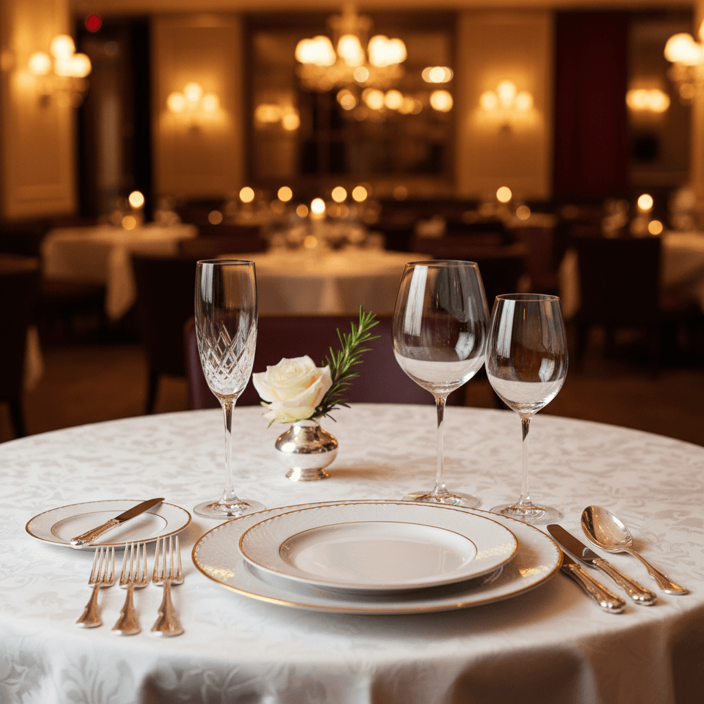高級感のあるレストランのテーブルセッティングと、落ち着いた照明の空間
