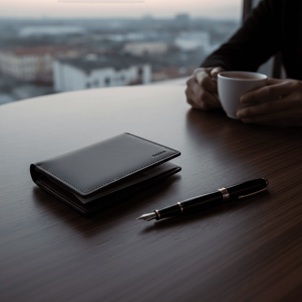 ダークウッドのテーブルに置かれたミニマルな革財布と万年筆