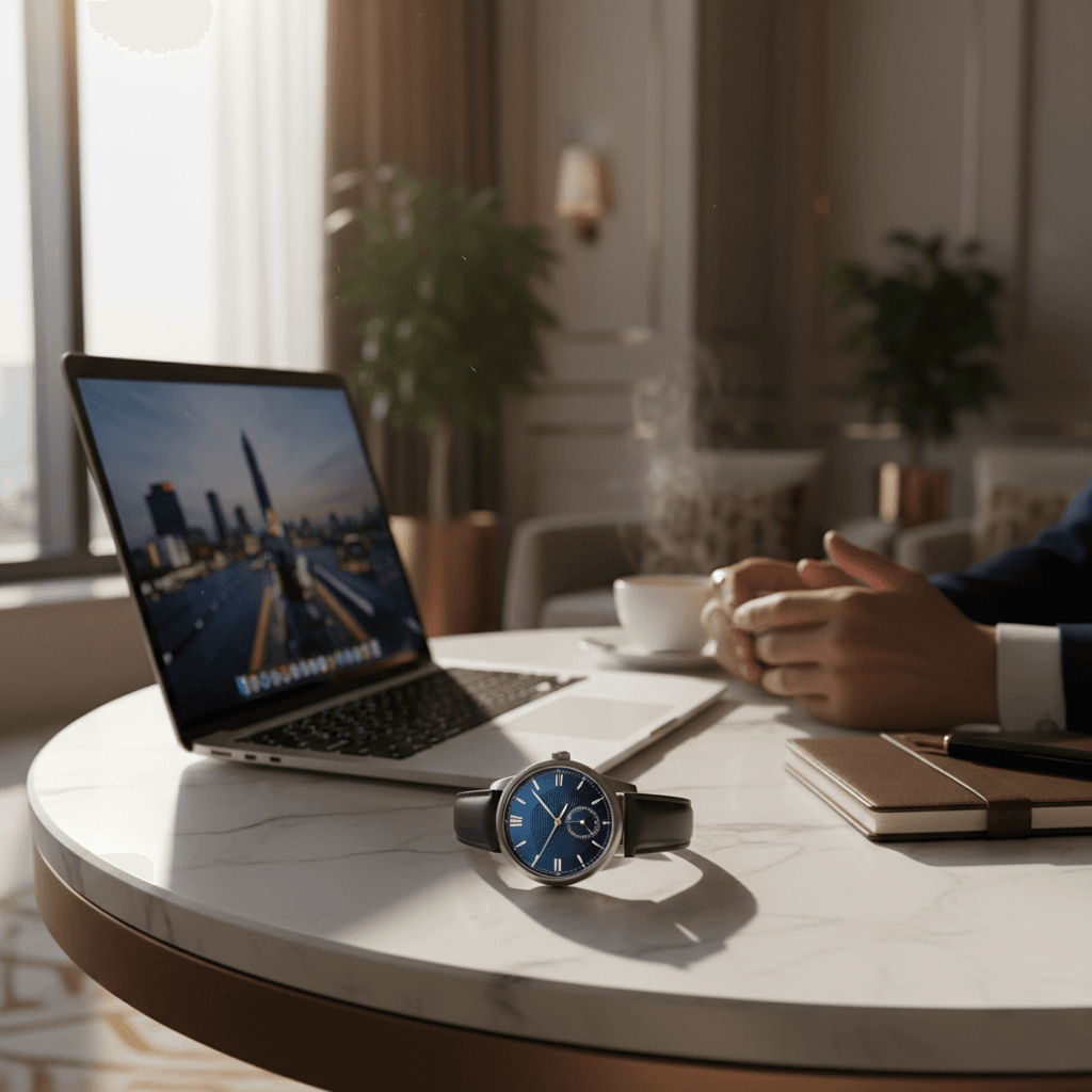 高級感のあるデスクに置かれた精密な機械式時計とノートPC