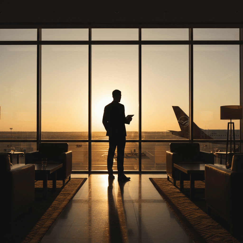 空港のラウンジから滑走路を眺めるビジネスマンのシルエット。夕暮れ時の落ち着いた雰囲気。