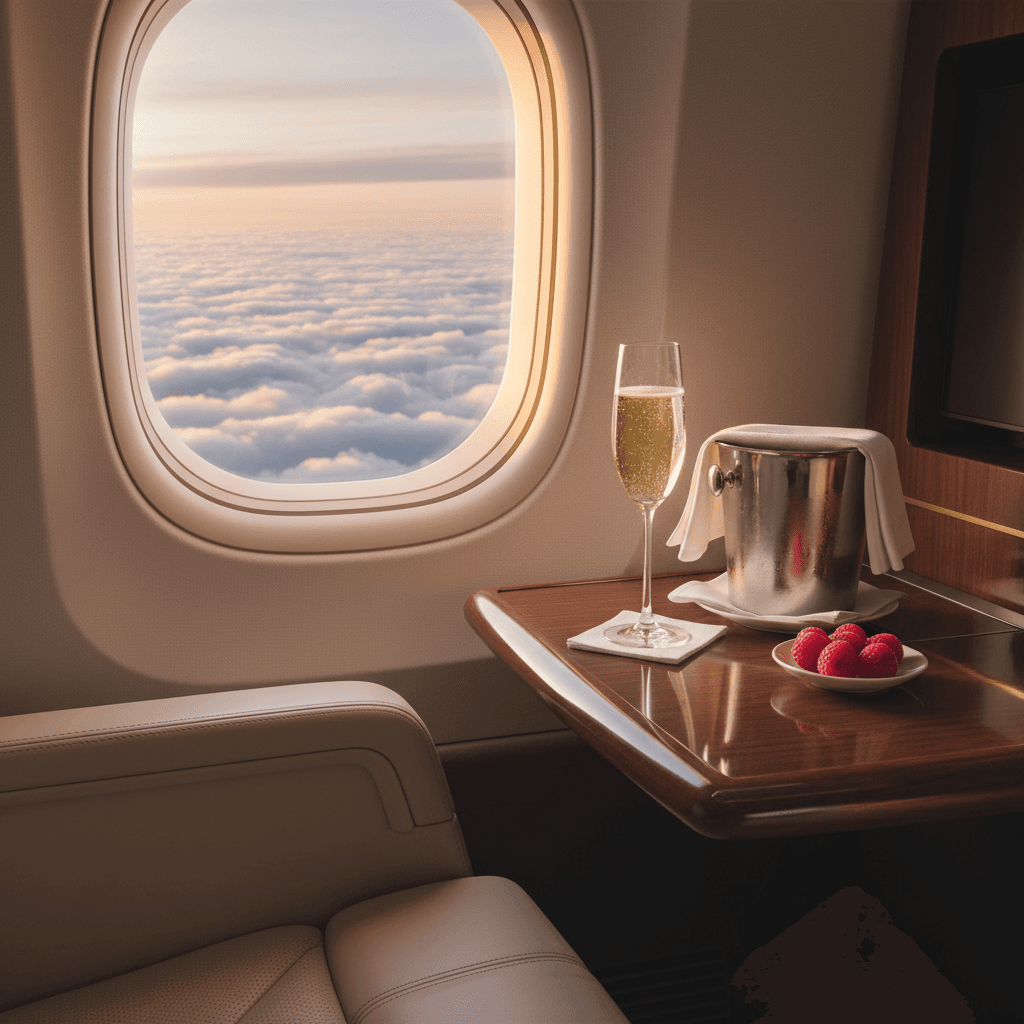 ラグジュアリーな機内、テーブルに置かれたグラスと招待状のシルエット