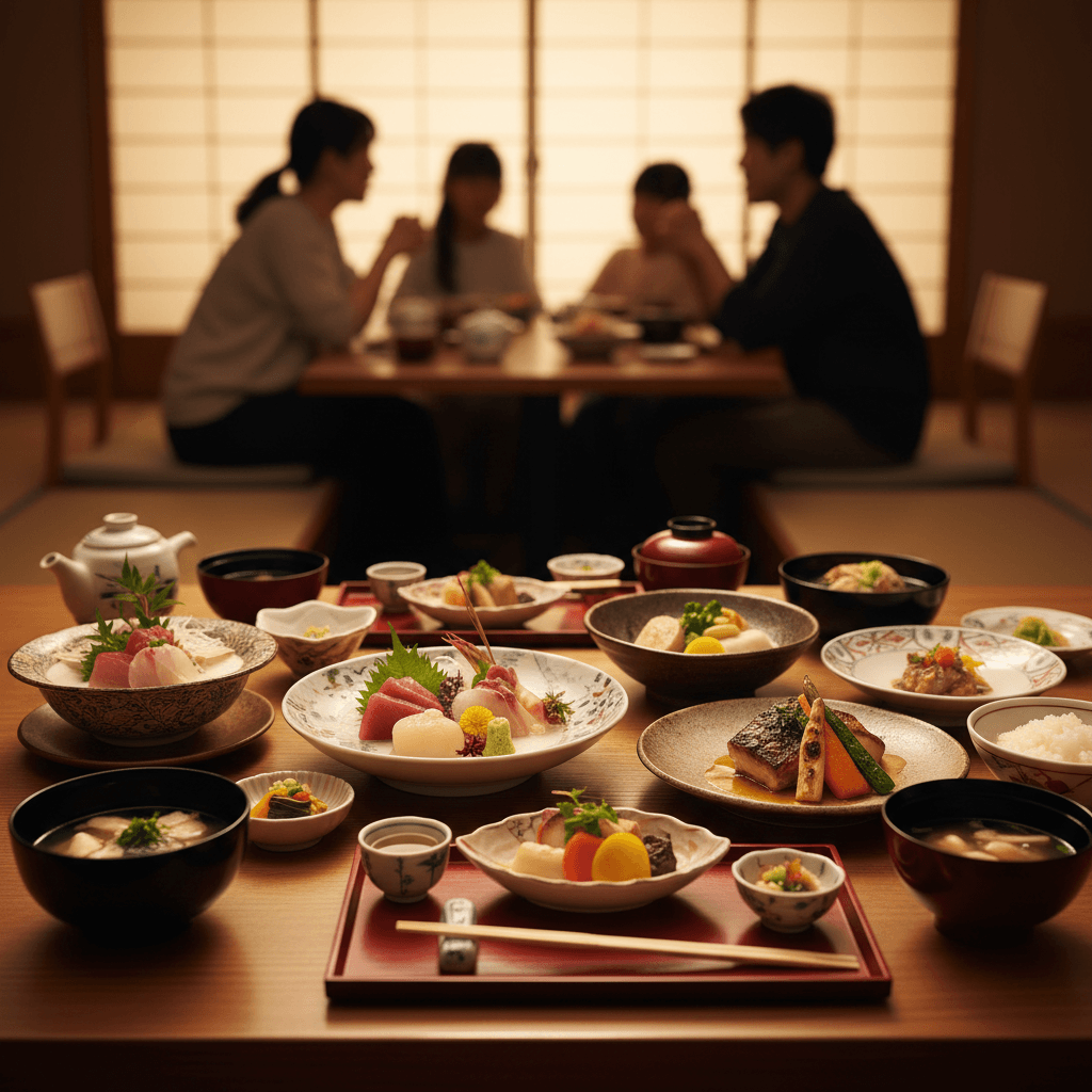温かい光に包まれたレストランでの食事風景(料理にピント)