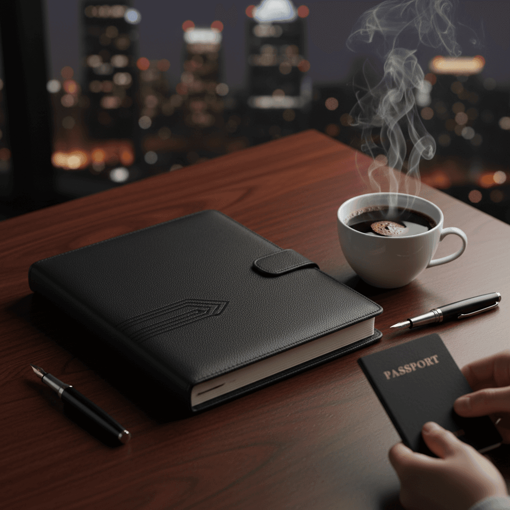 A stylish leather organizer, a high-quality fountain pen, and a cup of coffee on a dark wooden table, representing professional commitment and organized business management.