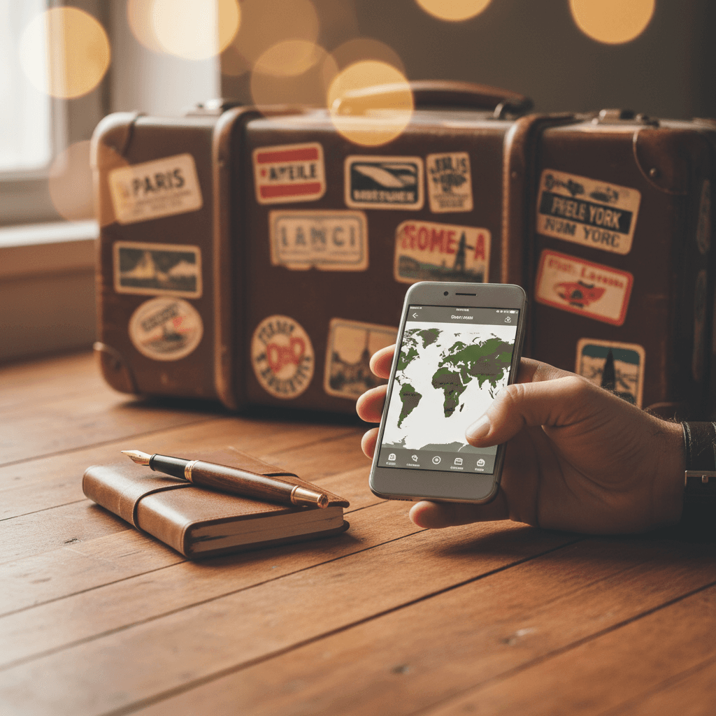 夕暮れの書斎で、PCの画面を見つめながら旅行計画を練る男性の後ろ姿