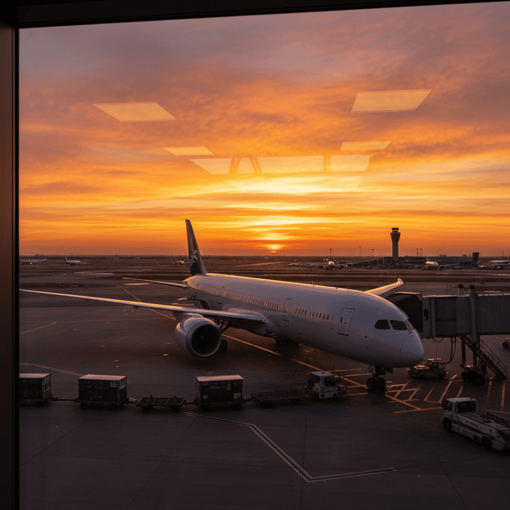 空港のラウンジから見える、出発を待つ巨大な旅客機。黄金色の夕日に照らされている