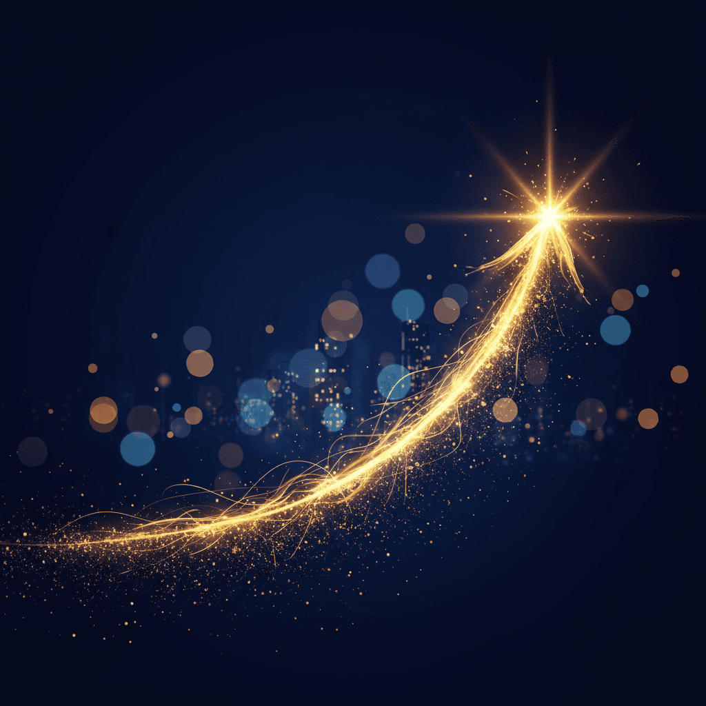 A conceptual visualization of a growing graph made of glowing light lines, symbolizing business growth and financial stability against an abstract dark blue background.