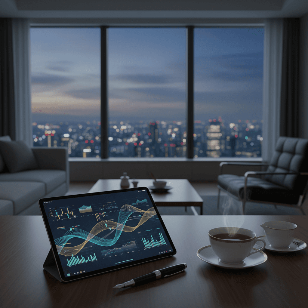 Sophisticated living room with financial planning tools