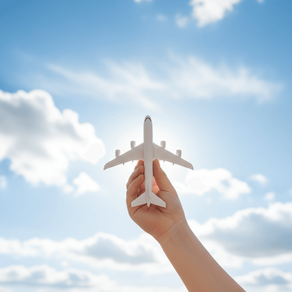 澄み渡る青空にかざされた、子供の手が持つ白いおもちゃの飛行機。未来への希望と夢の実現を象徴するカット。