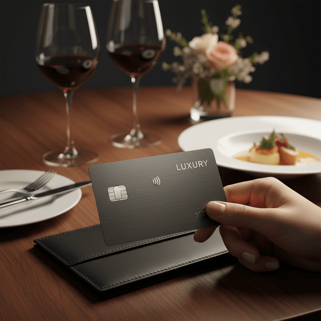 高級レストランでの決済シーン、手元には重厚感のあるメタルカード