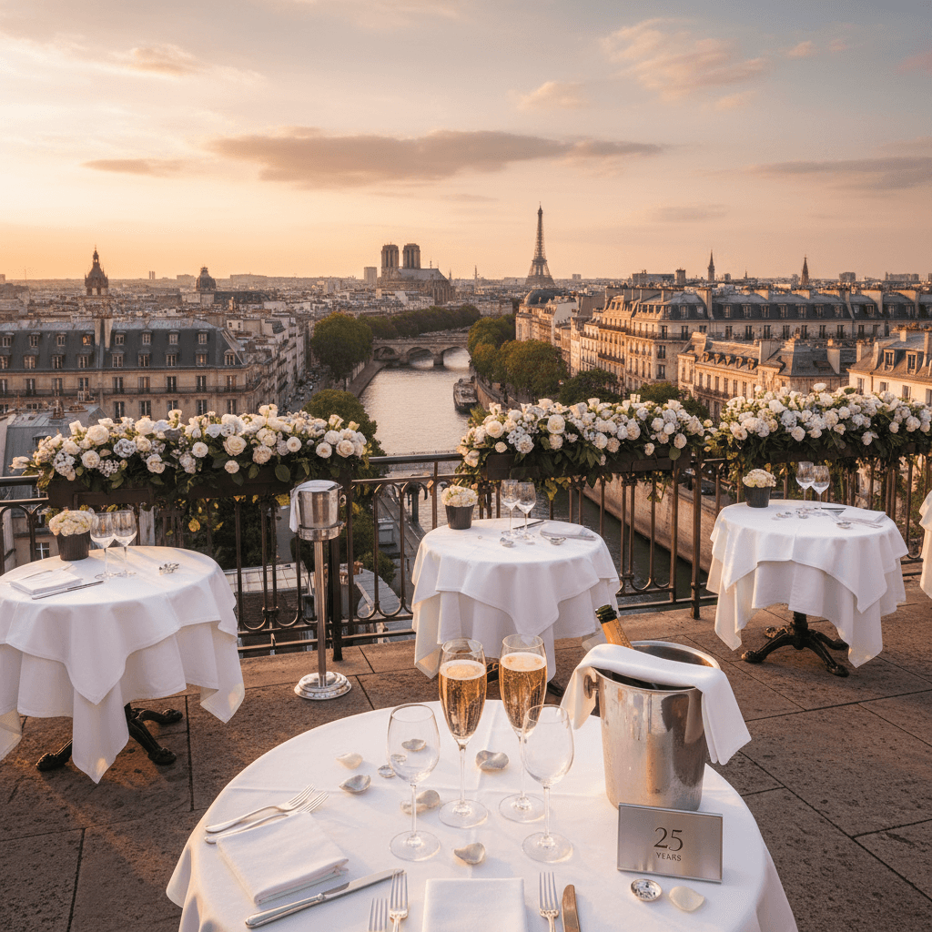 ヨーロッパの古城を遠くに臨む、洗練されたレストランのテラス席。テーブルにはシャンパングラスが二つ