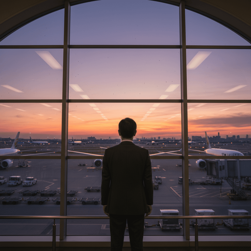 空港の出発ロビーで、夕暮れの滑走路を見つめる男性の後ろ姿