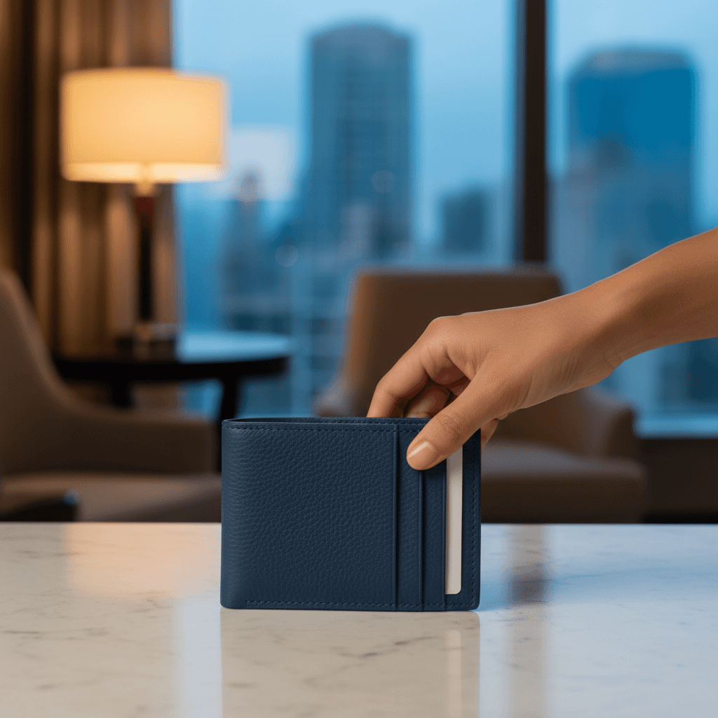 上質なレザーウォレットを手に取る瞬間