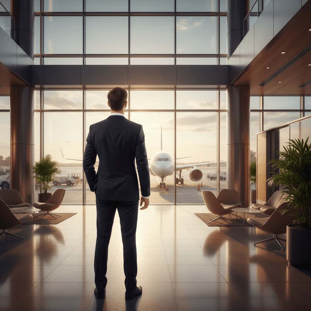 空港の出発ロビーで窓の外の飛行機を眺める、スーツ姿の若い男性の背中。明るく開放的な雰囲気。