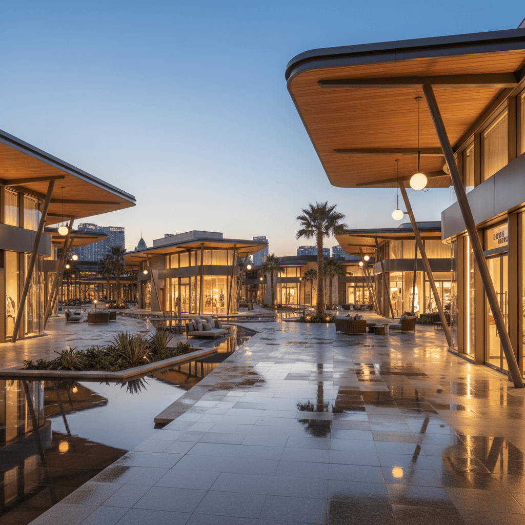 洗練されたモダンなアウトレットモールの夕景。高級感漂う建築デザイン。