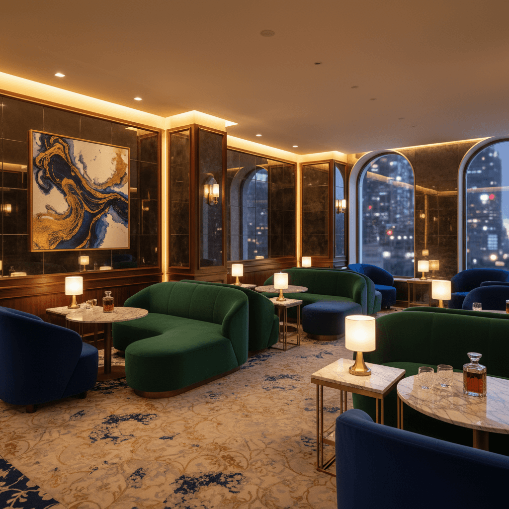 高級感のあるラウンジのインテリア。落ち着いた照明と上質なソファ。