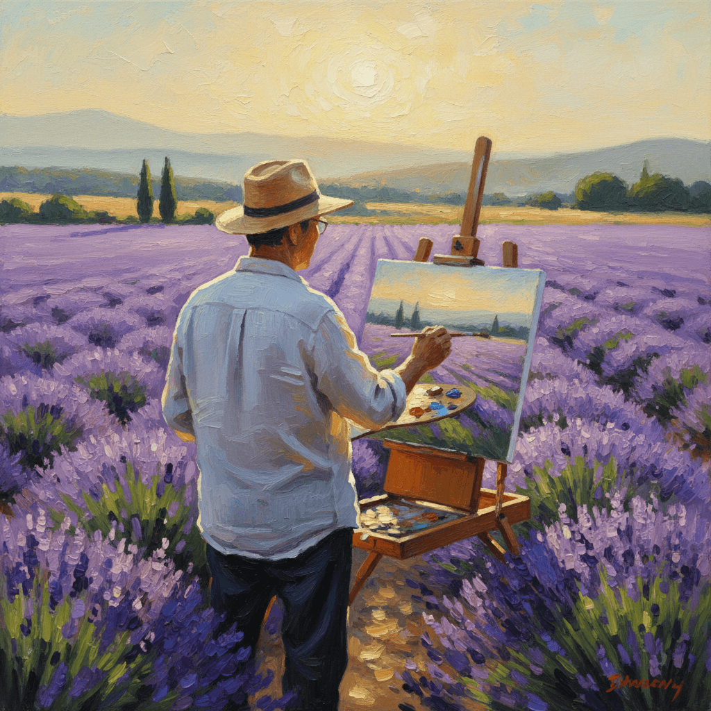 南仏のラベンダー畑でイーゼルを立てて絵を描く60代の日本人男性画家の後ろ姿。柔らかな午後の光が差し込んでいる。