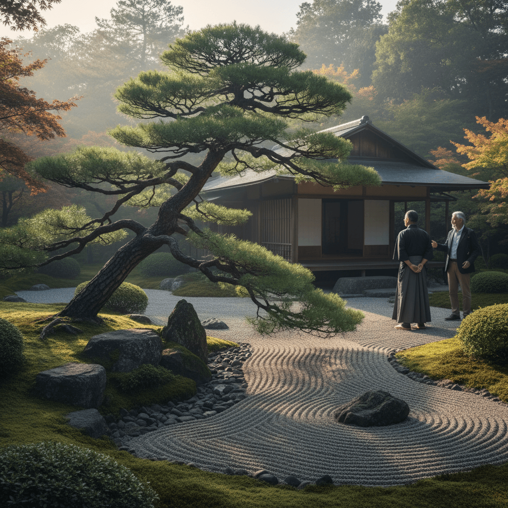 伝統的な日本庭園の風景。手入れの行き届いた松の木と石組み、奥には静かな茶室が見える。朝の柔らかな光が差し込んでいる。