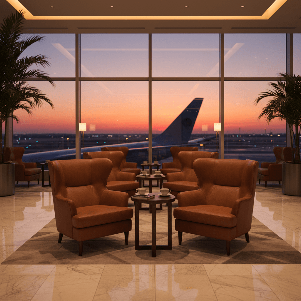 静寂な空港ラウンジの風景。窓の外には飛行機のシルエットが見える。