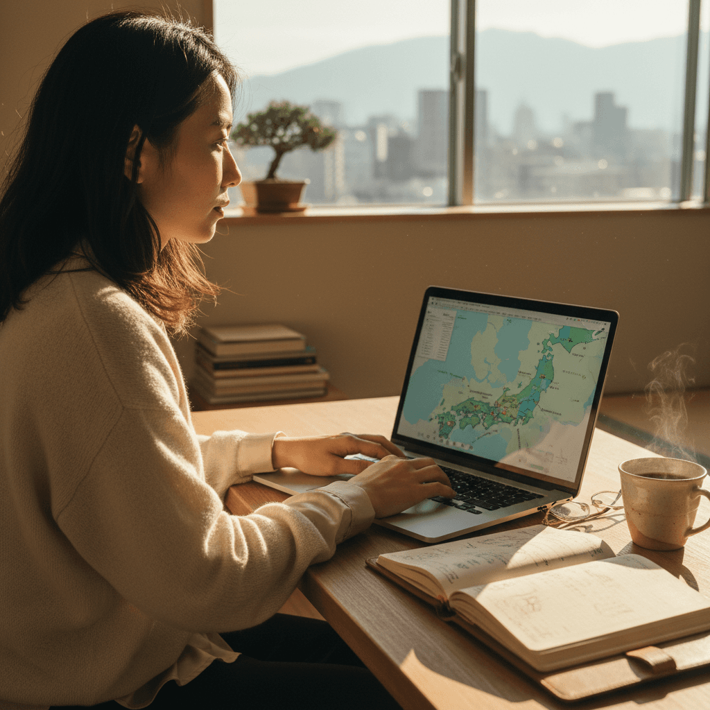 窓際のデスクで旅の計画を立てる女性の横顔とノートパソコン