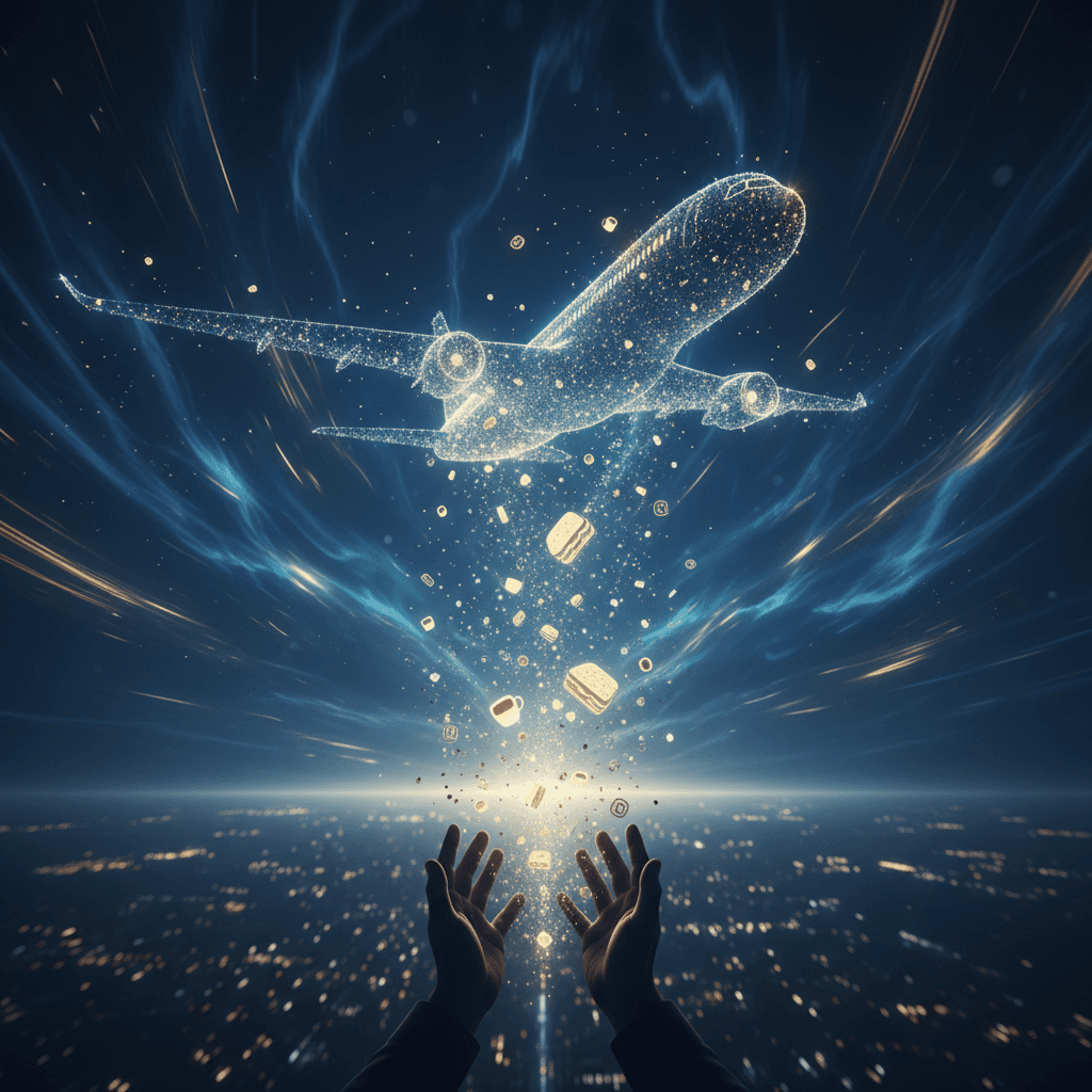 日常の小さな決済が光の粒子となり、飛行機のシルエットへと集まっていく抽象的なイメージ。