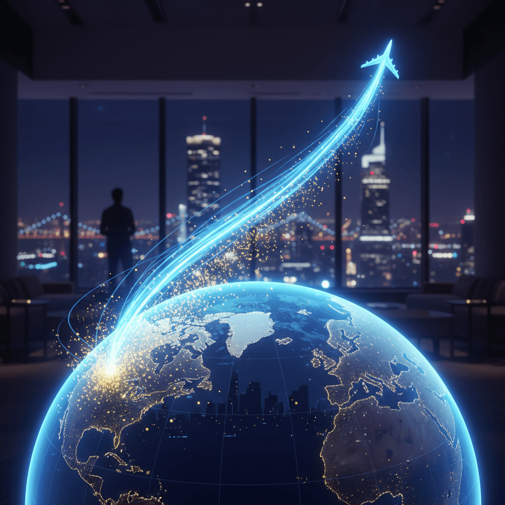 小さな光の粒が大きな青いエネルギーの渦へと変わっていく、マイル加速のイメージ。