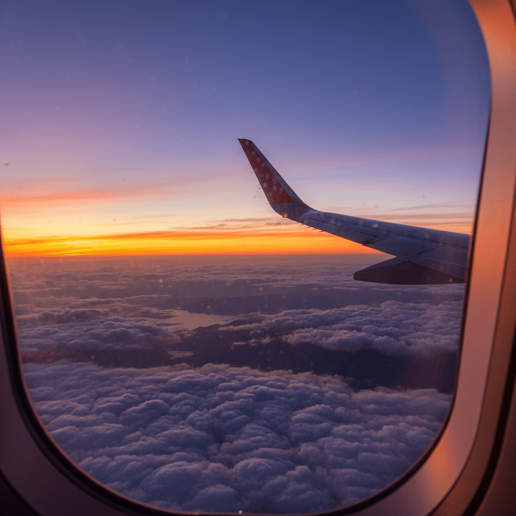 飛行機の窓から見える夕暮れの景色