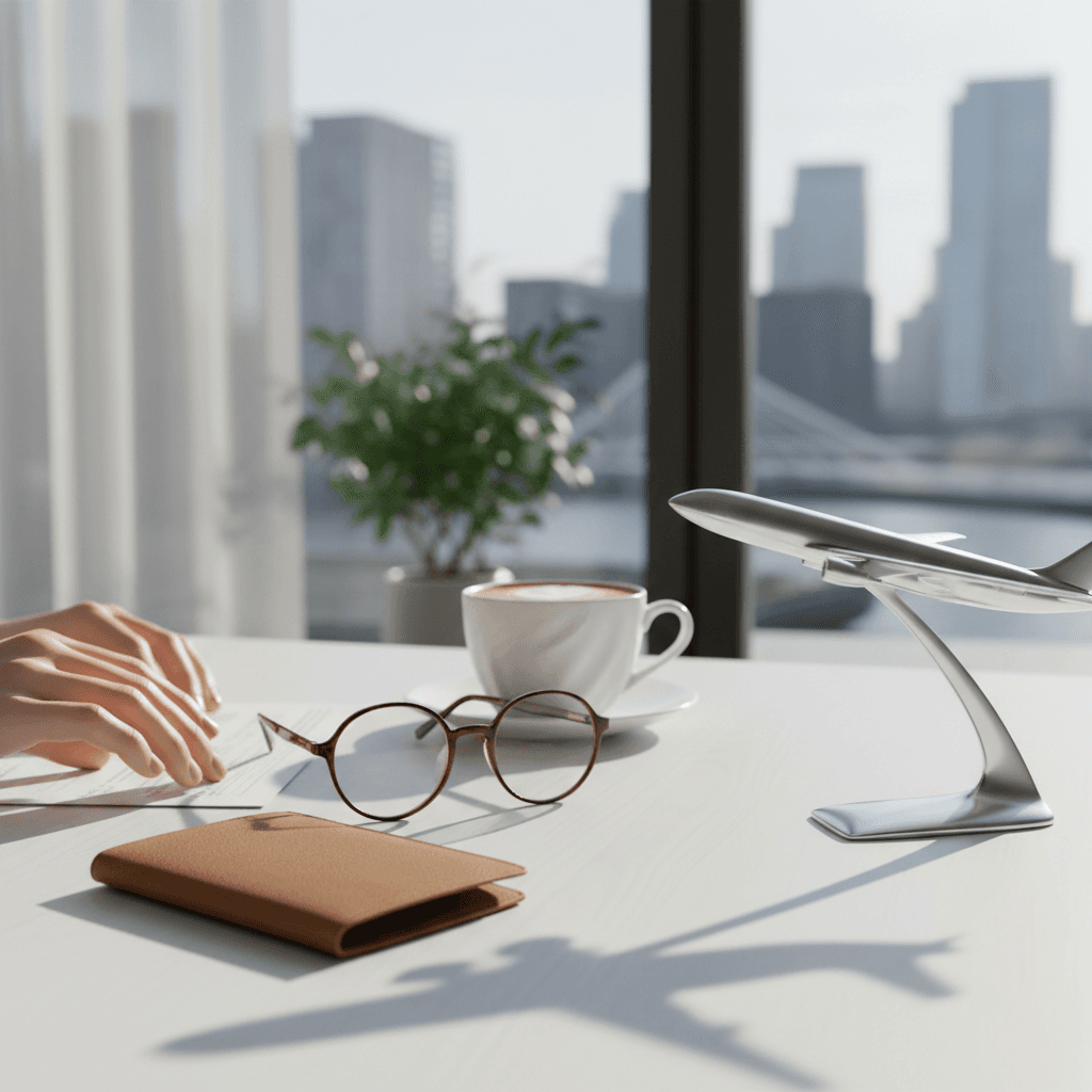 清潔感のあるデスクに置かれたパスポートケースと飛行機の模型。