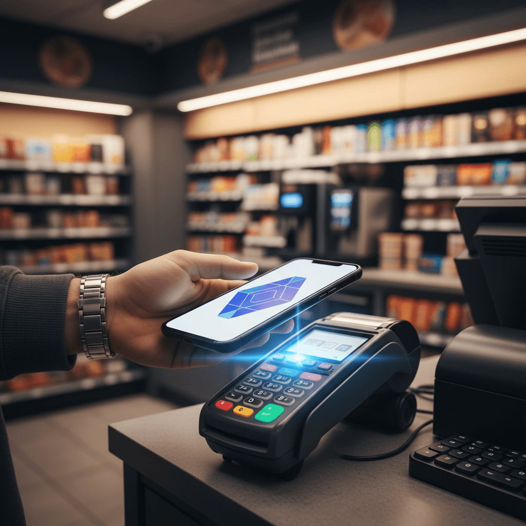 コンビニのレジでスマートフォンをかざして決済する様子。手元に焦点を当て、背景は明るく清潔感のある店舗内。