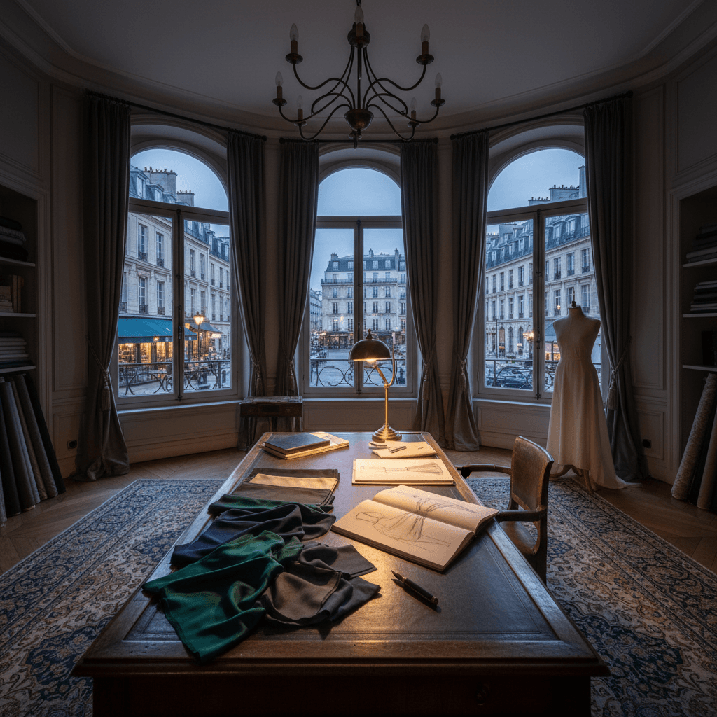 洗練されたデザイナーのワークスペース。窓からはパリの街並みが見え、デスクには上質な生地見本とスケッチブックが置かれている。