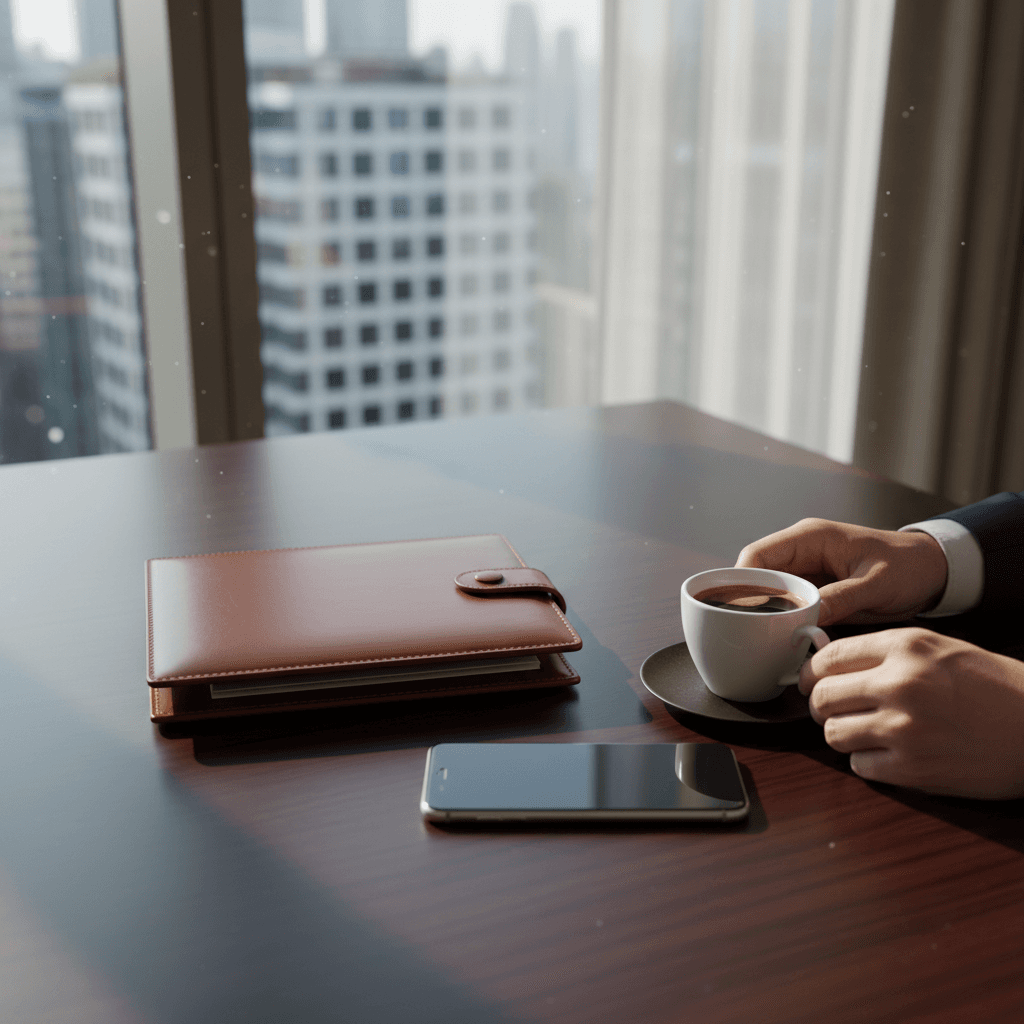 洗練されたビジネスリーダーのデスク周り。上質な革製品とコーヒーカップが並ぶ。