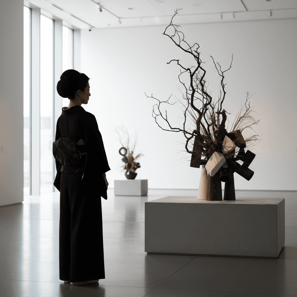 モダンな和装を纏った40代の日本人女性が、洗練されたアートギャラリーで前衛的な生け花作品を見つめている様子。柔らかな光が差し込み、エレガントで静謐な雰囲気。