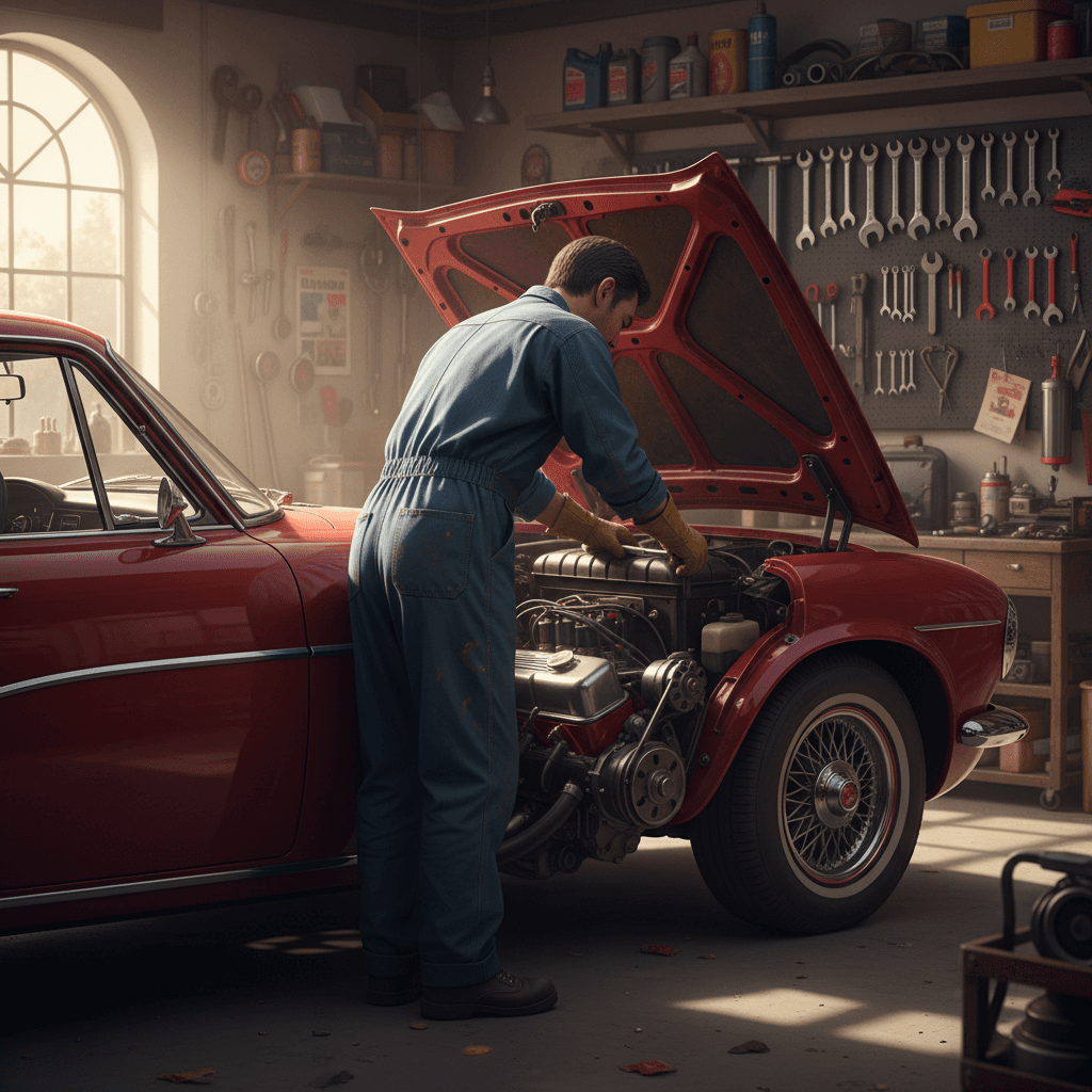 ガレージで旧車のエンジンを整備する整備士の背中