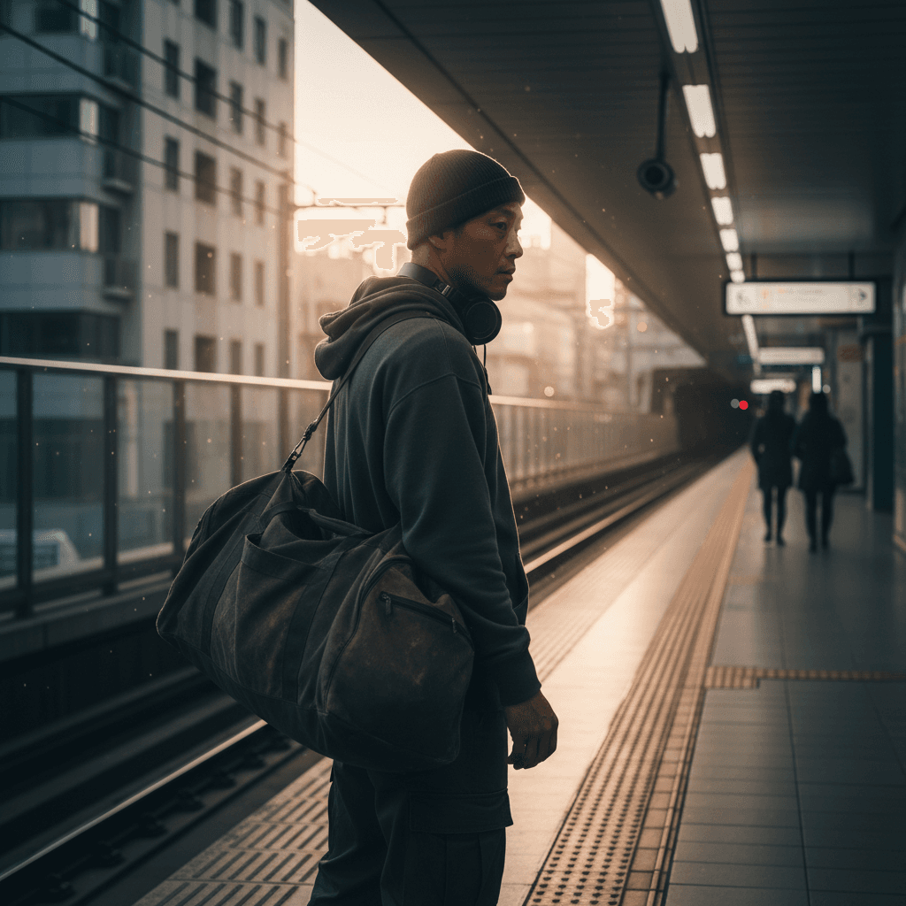 都会の地下鉄のホームで、ダンスバッグを背負った若者が電車を待っている後ろ姿。夕暮れの光が差し込み、都会的でスタイリッシュな雰囲気。