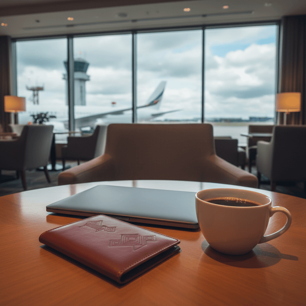 高級感のあるラウンジのテーブルに置かれた、パスポートとノートパソコン。窓の外には滑走路が見える。