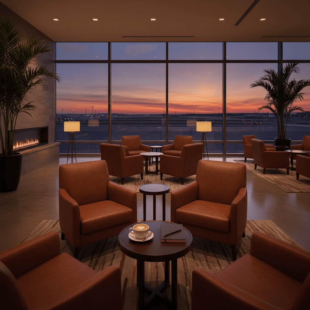 高級感のある空港ラウンジのインテリア。落ち着いた照明と快適なソファ。