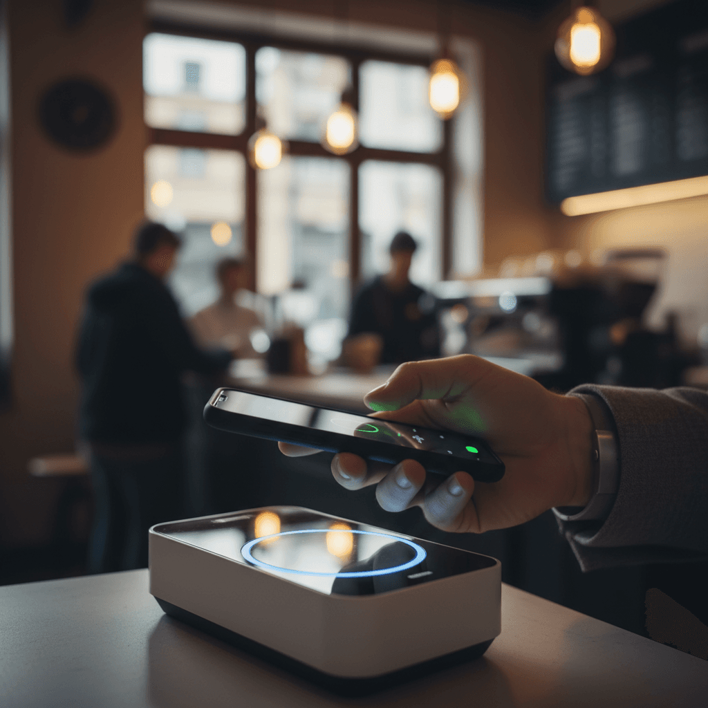 A close-up of a person's hand holding a smartphone near a contactless payment terminal in a stylish, modern cafe.