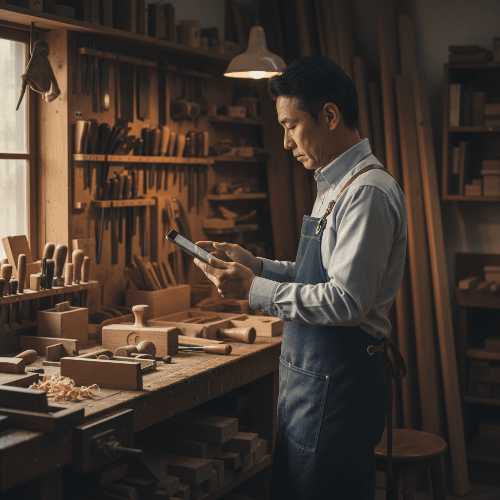伝統的な工房で作業の合間にタブレットを確認する50代の経営者