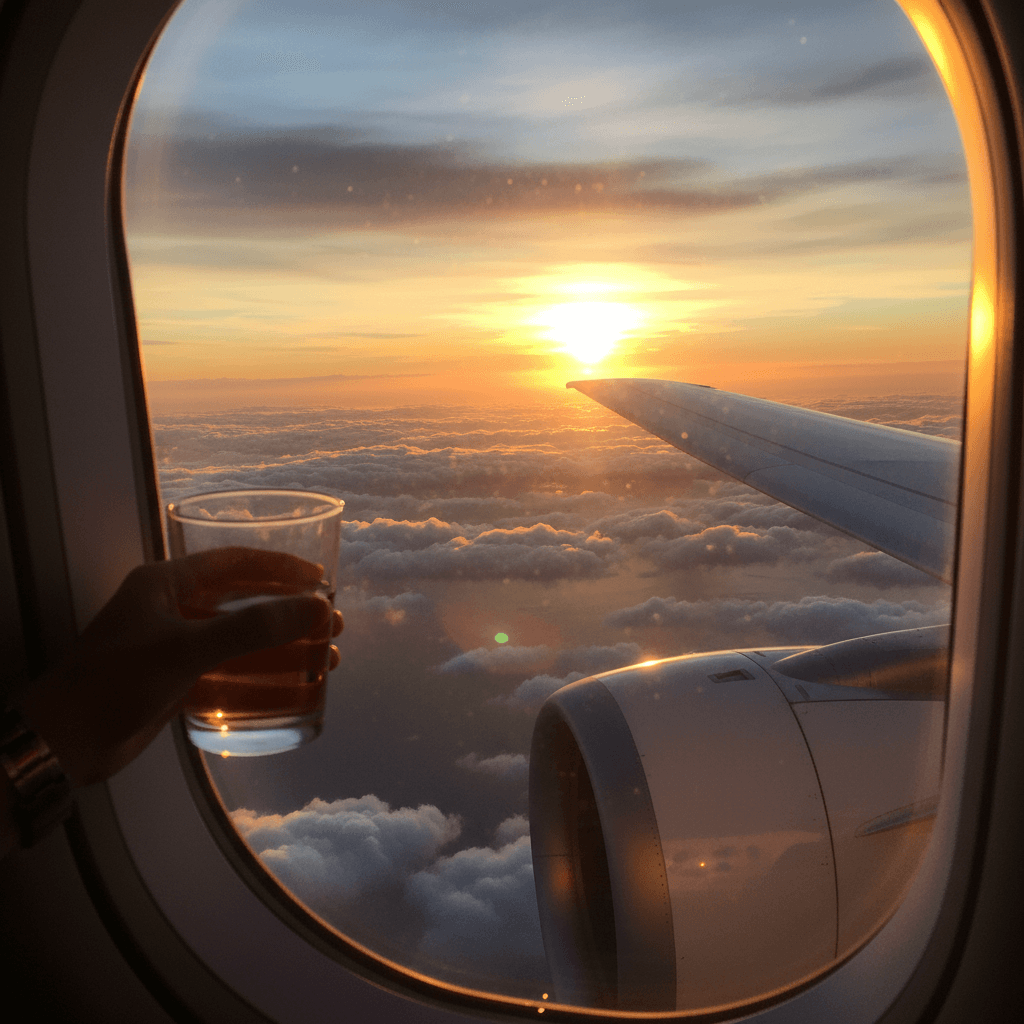 飛行機の窓から見える、夕日に照らされた美しい雲海と翼の一部。