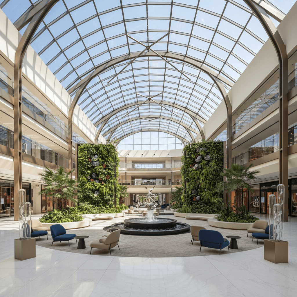 洗練されたショッピングモールの吹き抜け空間。柔らかな光が差し込み、上質な休日を予感させる。