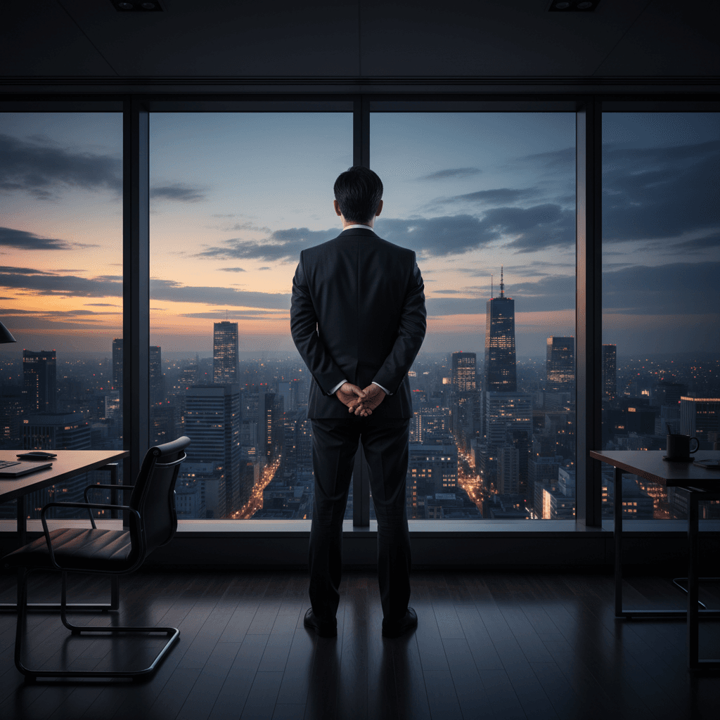 夕暮れのオフィスで未来を見据えるビジネスマンの背中