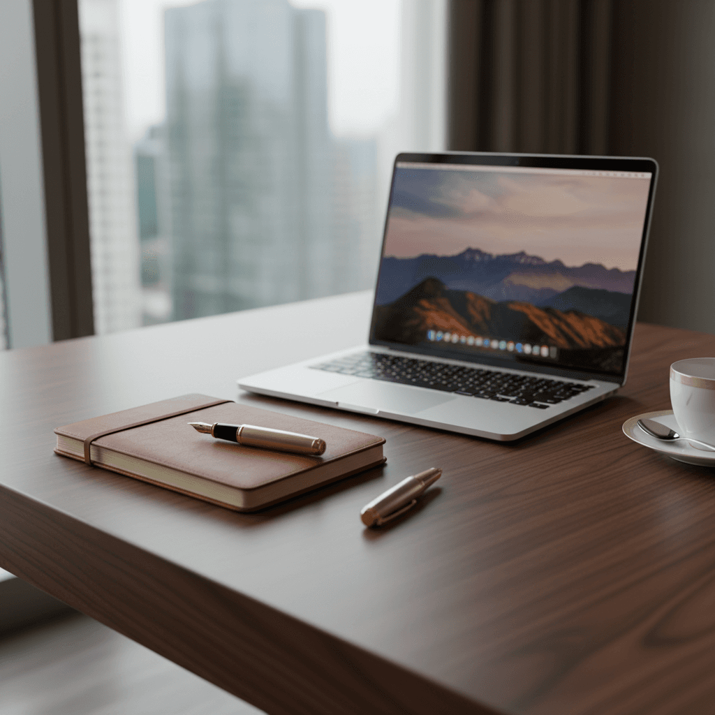 整理整頓されたビジネスデスクと高級感のある文房具